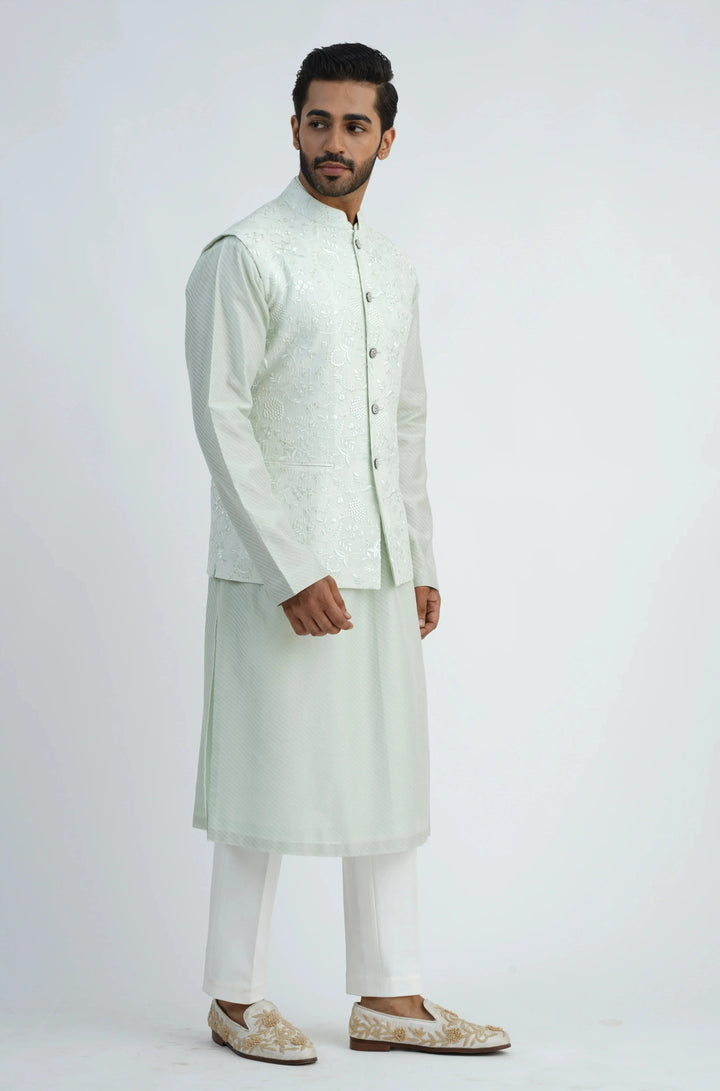 All Over Embroidered Light Mint Bundi Kurta Set