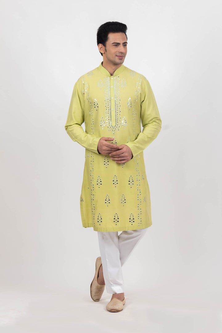 Lemon Green Mirror Embroidered Kurta Set