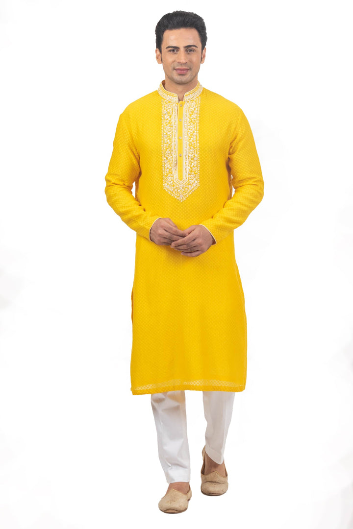 Bright Yellow Benarsi Booti Kurta with Intricate Hand Embroidered Neckline