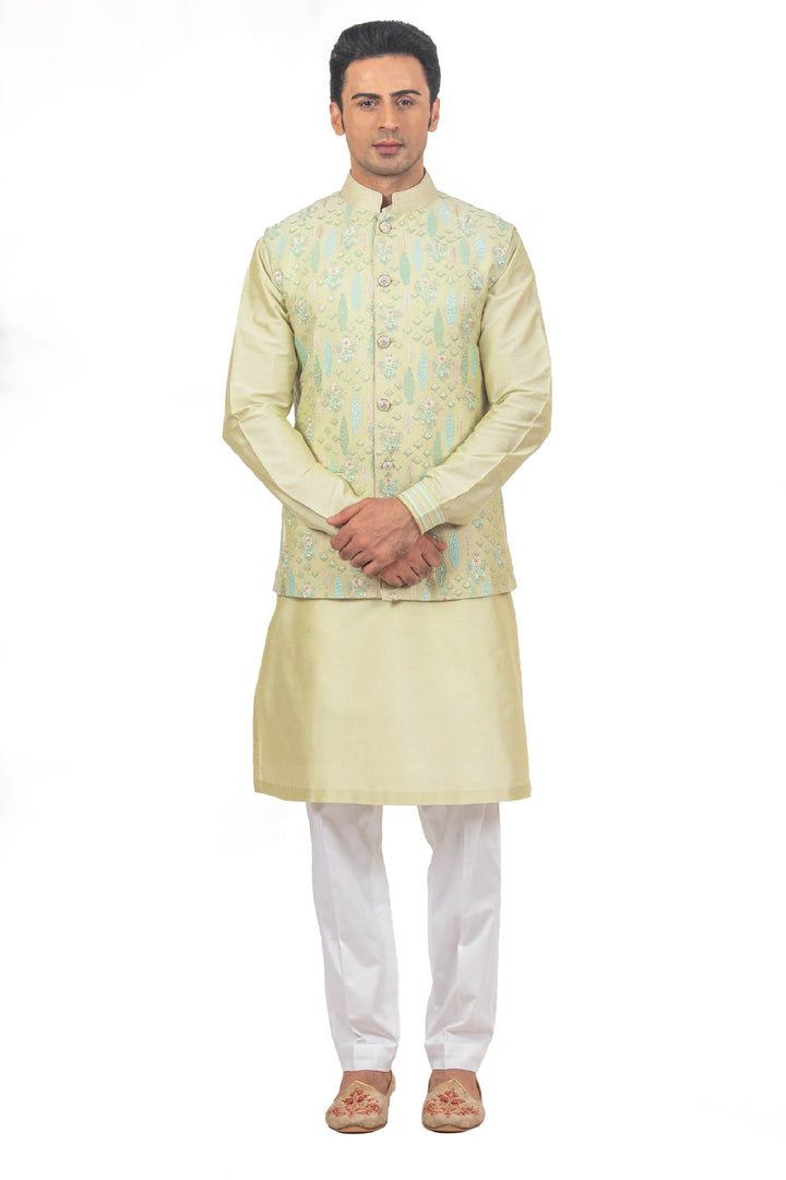 Light Green Embroidered Bundi Kurta Set