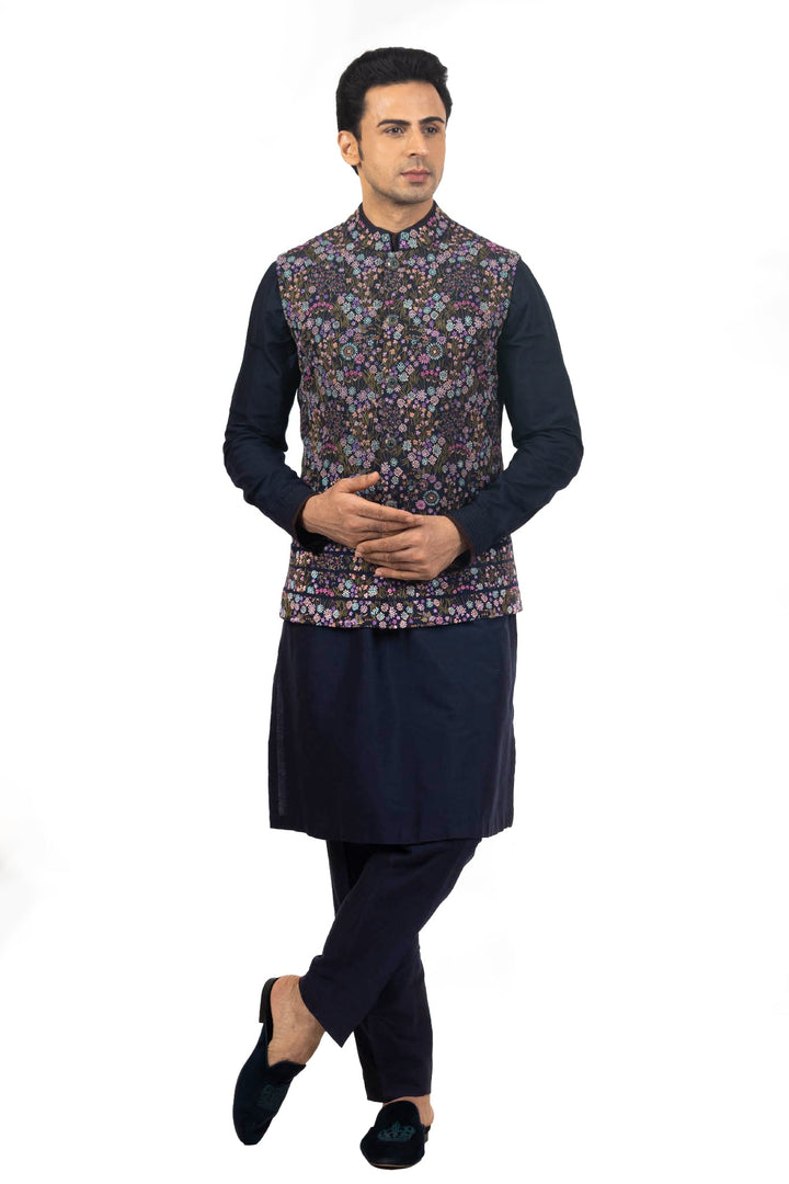Navy Intricate Multicolored Machine Embroidered Kurta Set