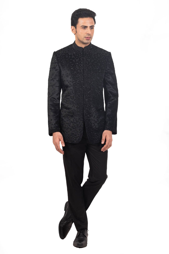 Black Velvet Sequined Hand Embroidered Bandhgala Set