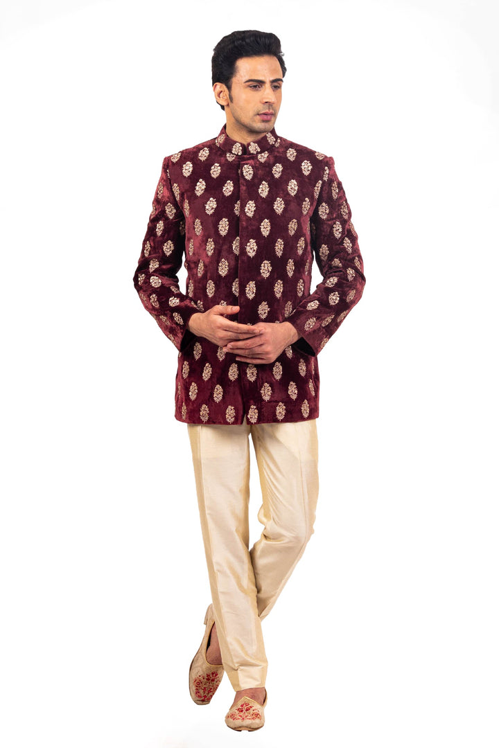 Brown Velvet Boota embroidered Bandhgala Set