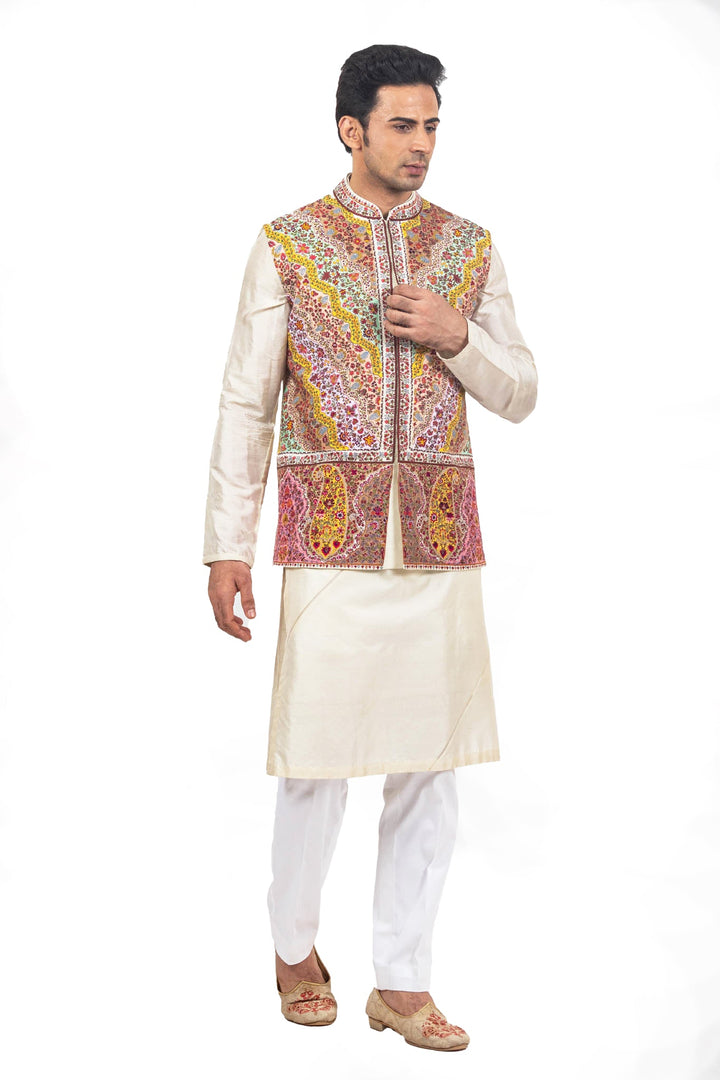 Beige colorful intricate Kashmiri Bundi Kurta Set