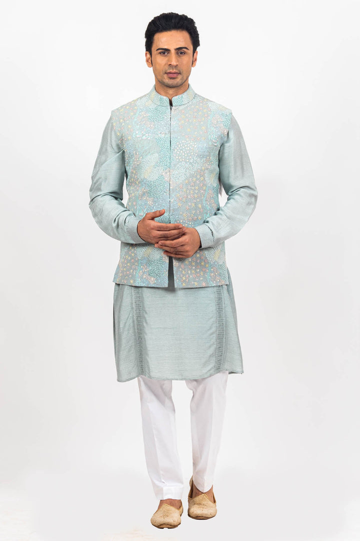 Powder Blue Abstract Multicolored Embroidered Bundi Kurta Set