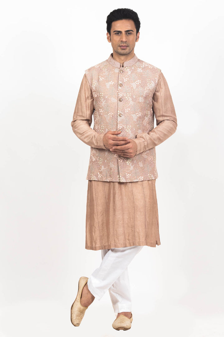 Light Brownish intricate Hand & Machine Embroidered Bundi Kurta Set