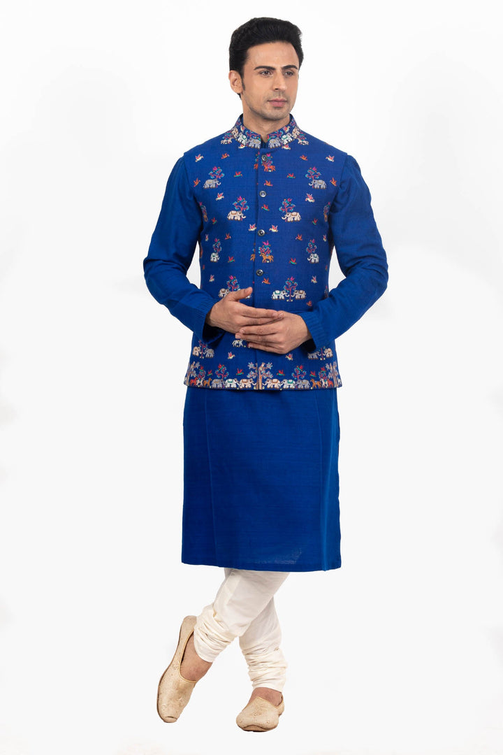 Electric Blue Multicolored Bundi Kurta Set