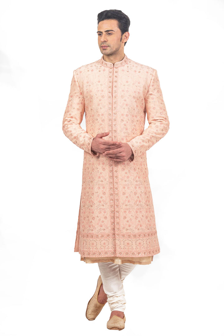 Peach Turkish Tonal Embroidered Sherwani Set