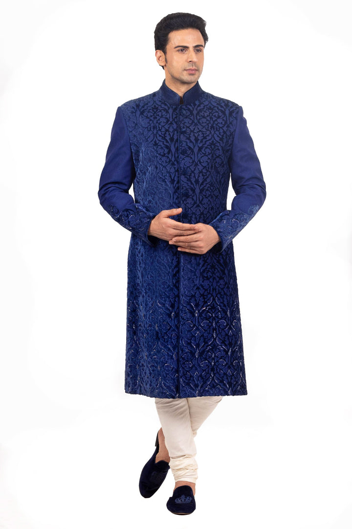 Navy velvet Cut worked Achkan Set