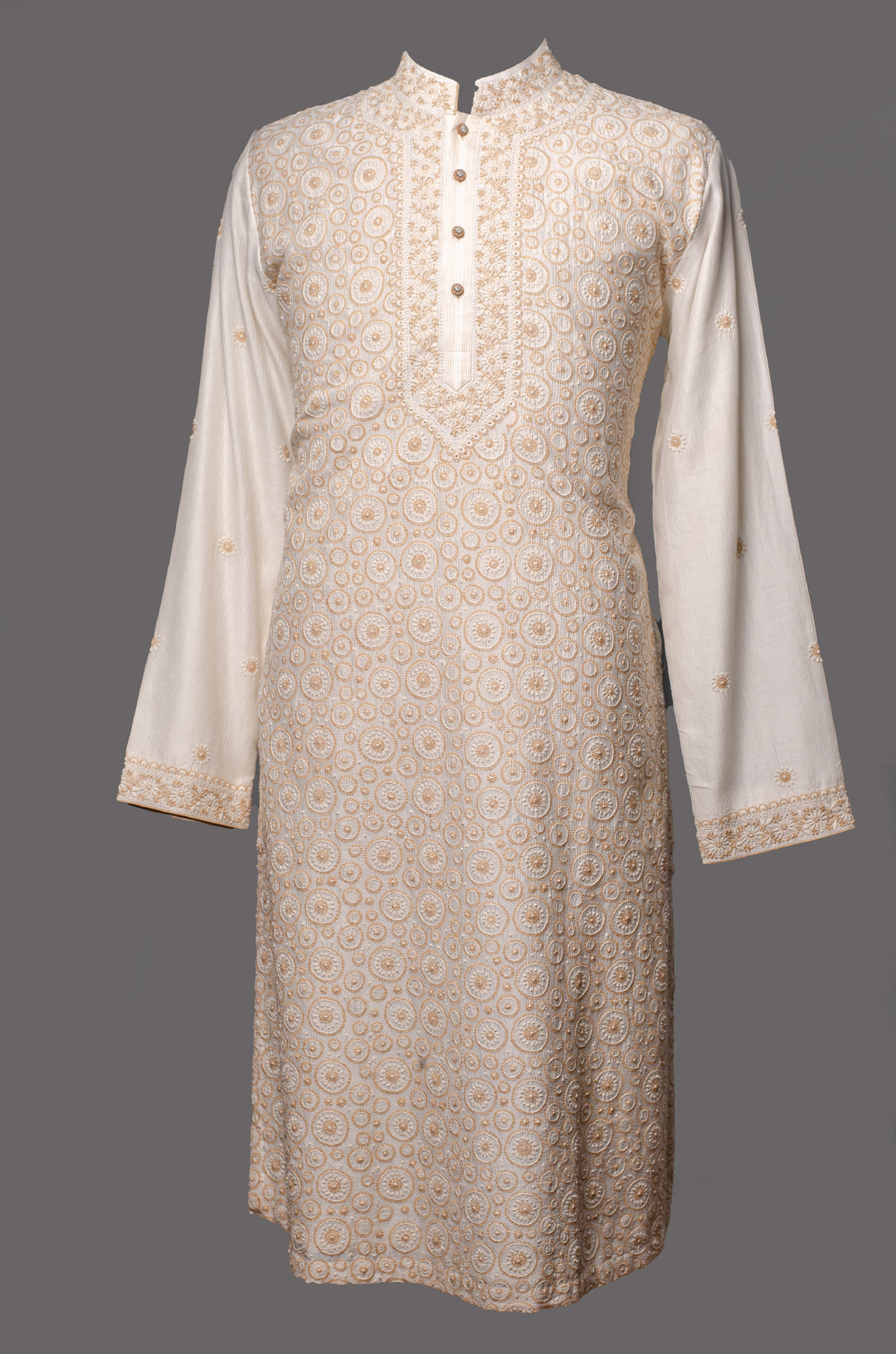 Off-White Chanderi Stripe Kurta Set with Lucknowi Embroidery