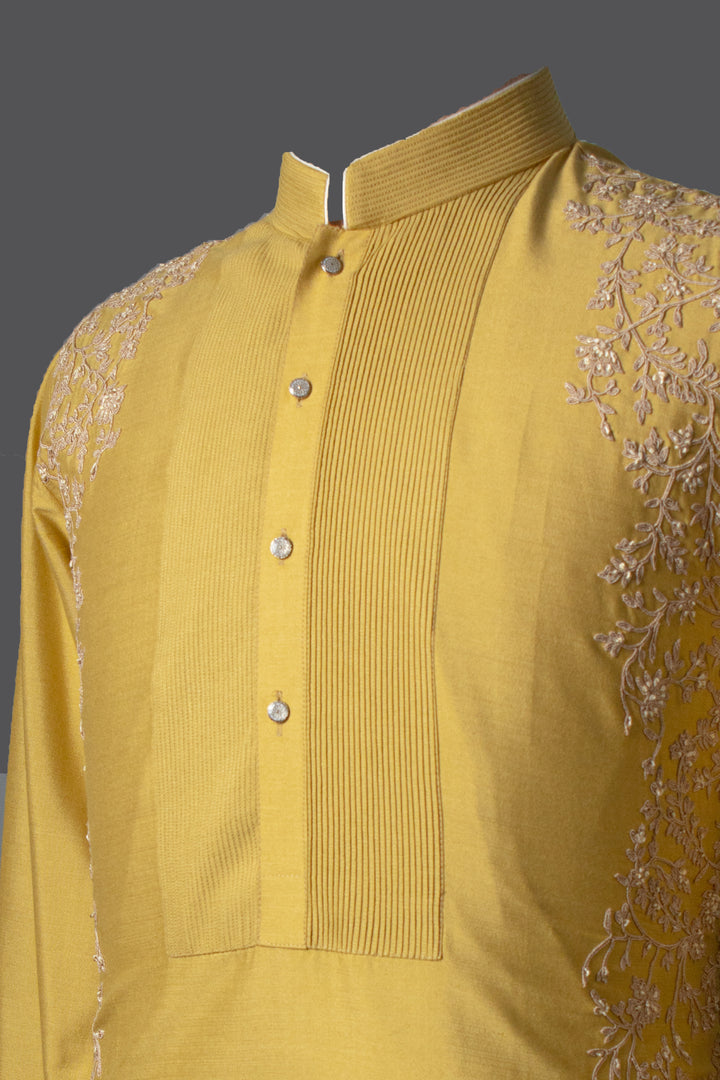 Lemon Yellow Cotton Silk Kurta Set with Pintucks, Dori & Hand Embroidery