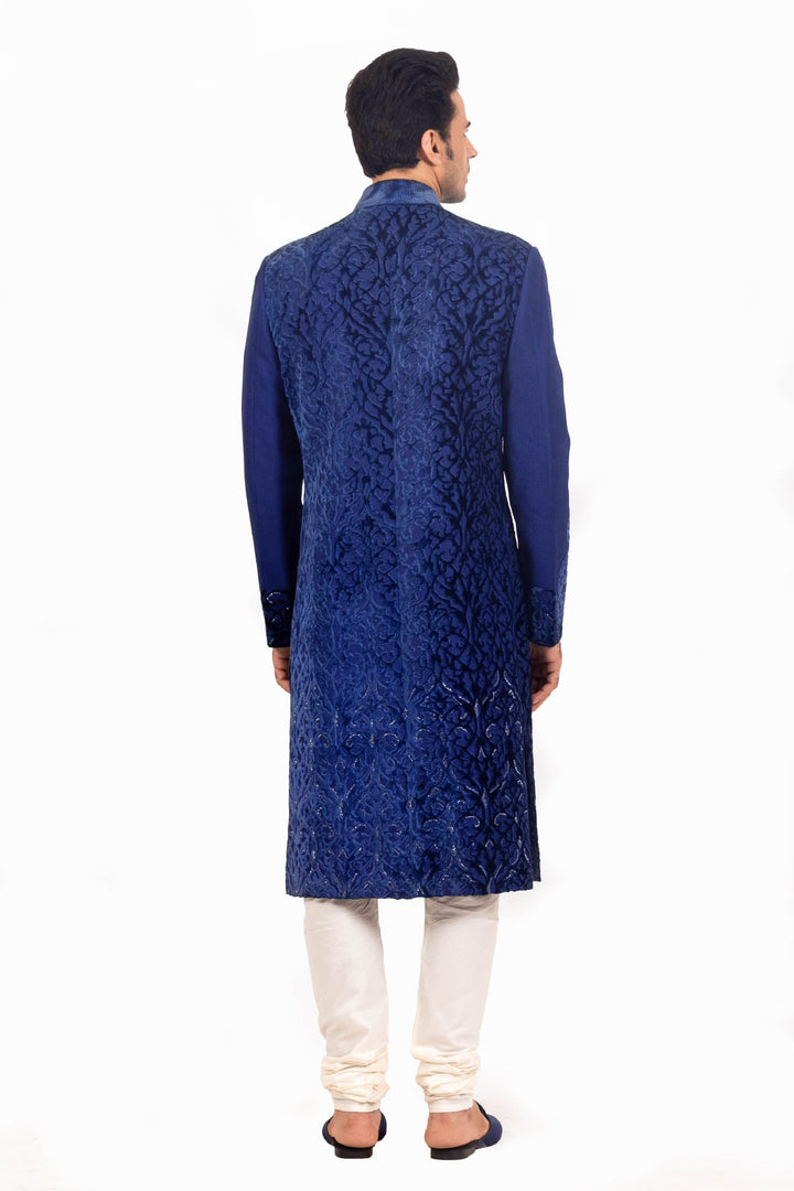 Navy velvet Cut worked Achkan Set