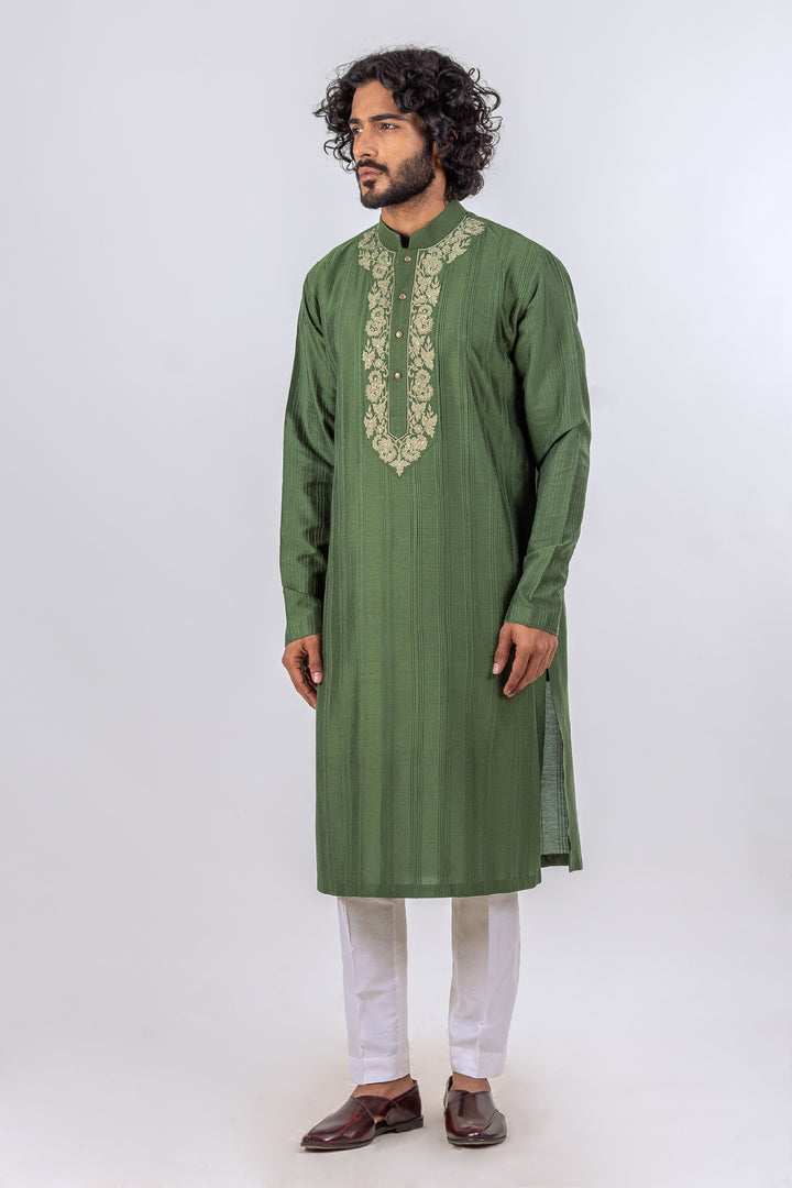 MEHENDI GREEN ALL OVER PANNEL PINTICK WITH KIRAN DORI NECKLINE KURTA (only kurta)