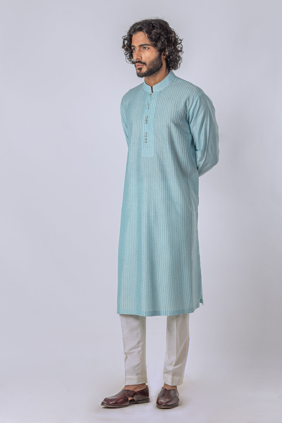 SKY BLUE ALLOVER DIAMOND PINTUCK WITH LOOP BUTTON KURTA (only kurta)