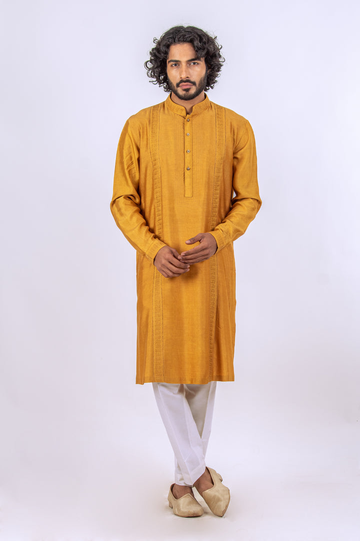 MUSTARD YELLOW NECKLINE AND SIDE PINTUCK PANNEL KURTA (only kurta)