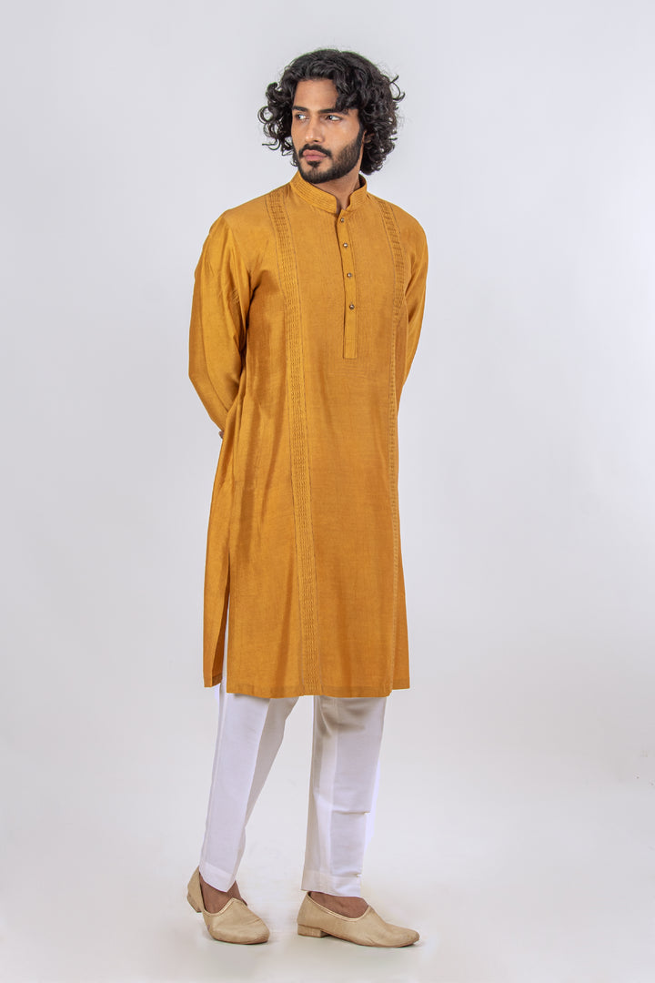 MUSTARD YELLOW NECKLINE AND SIDE PINTUCK PANNEL KURTA (only kurta)