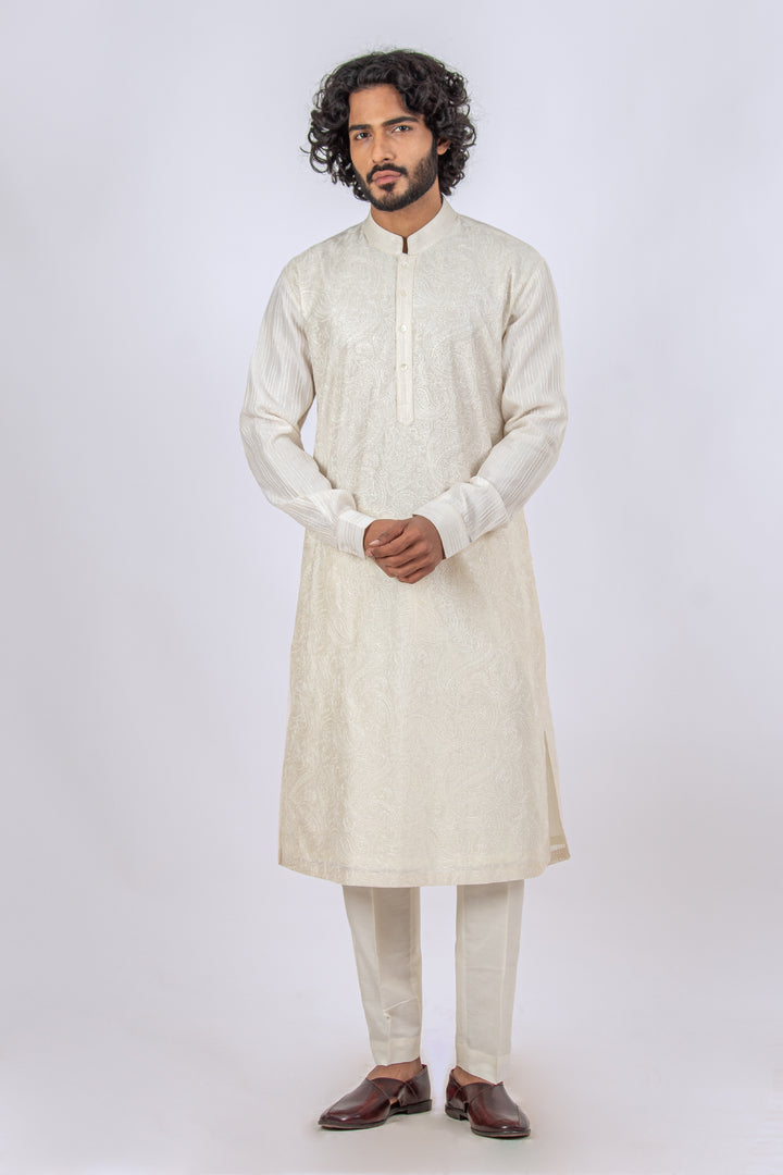 WHITE ALLOVER MACHINE EMBROIDERY KURTA (only kurta)