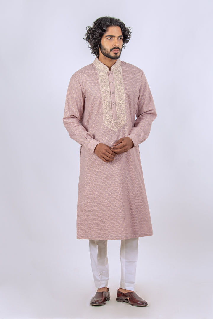 ONION PINK MACHINE EMBROIDERED NECK LINE KURTA (only kurta)