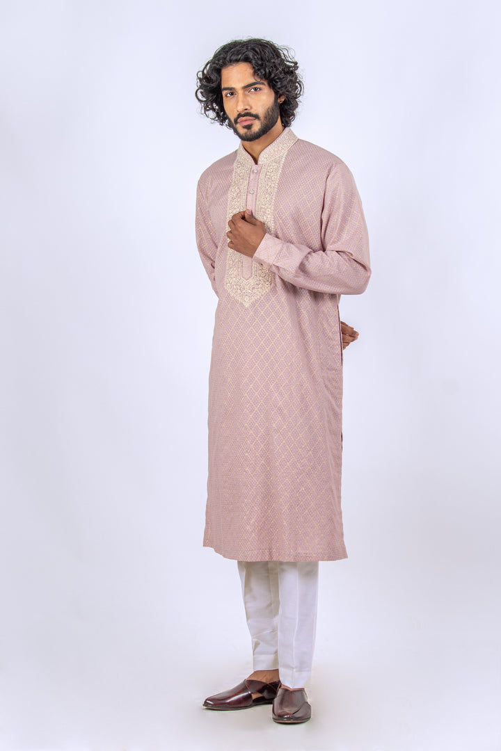 ONION PINK MACHINE EMBROIDERED NECK LINE KURTA (only kurta)
