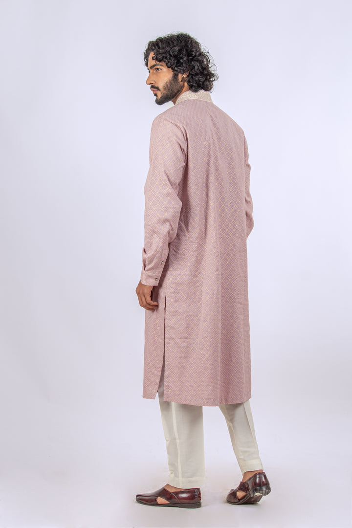 ONION PINK MACHINE EMBROIDERED NECK LINE KURTA (only kurta)