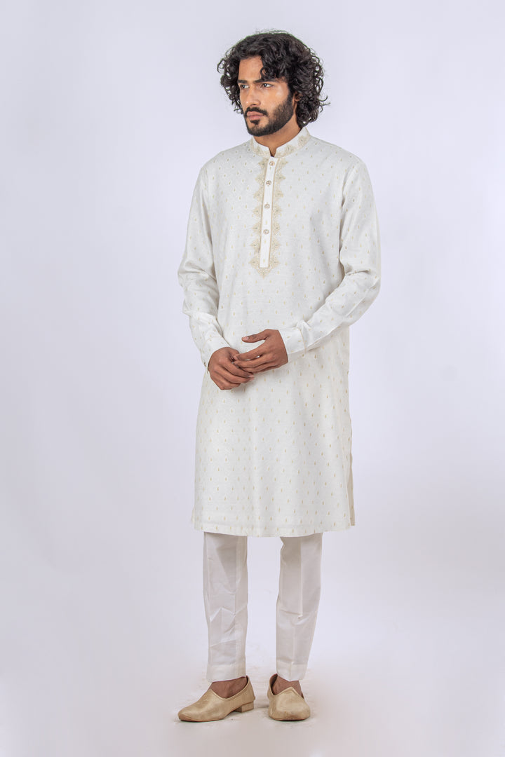 WHITE MACHINE EMBROIDERED NECKLINE KURTA (only kurta)