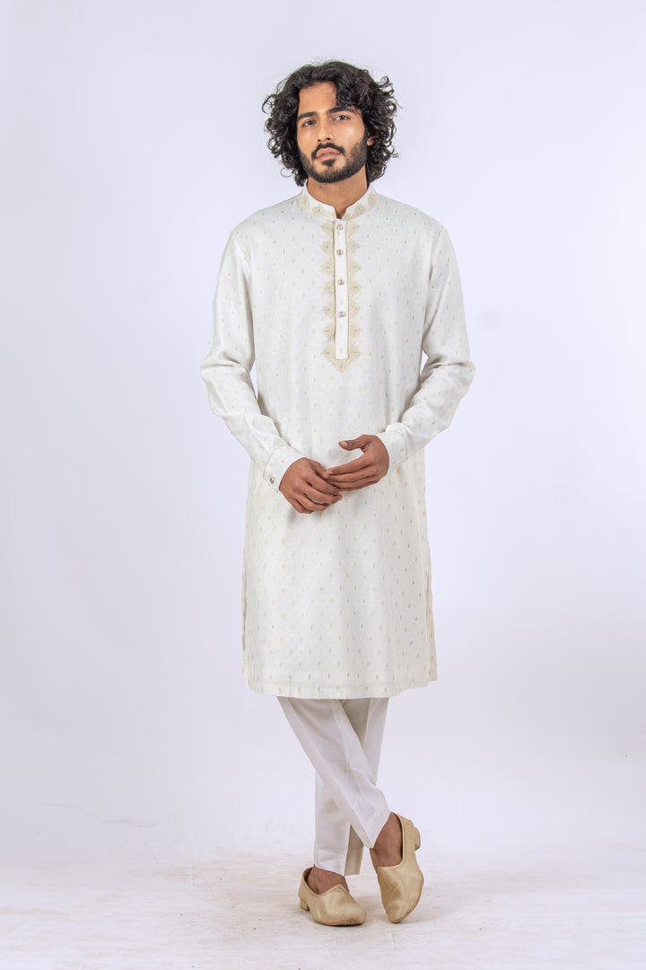 WHITE MACHINE EMBROIDERED NECKLINE KURTA (only kurta)