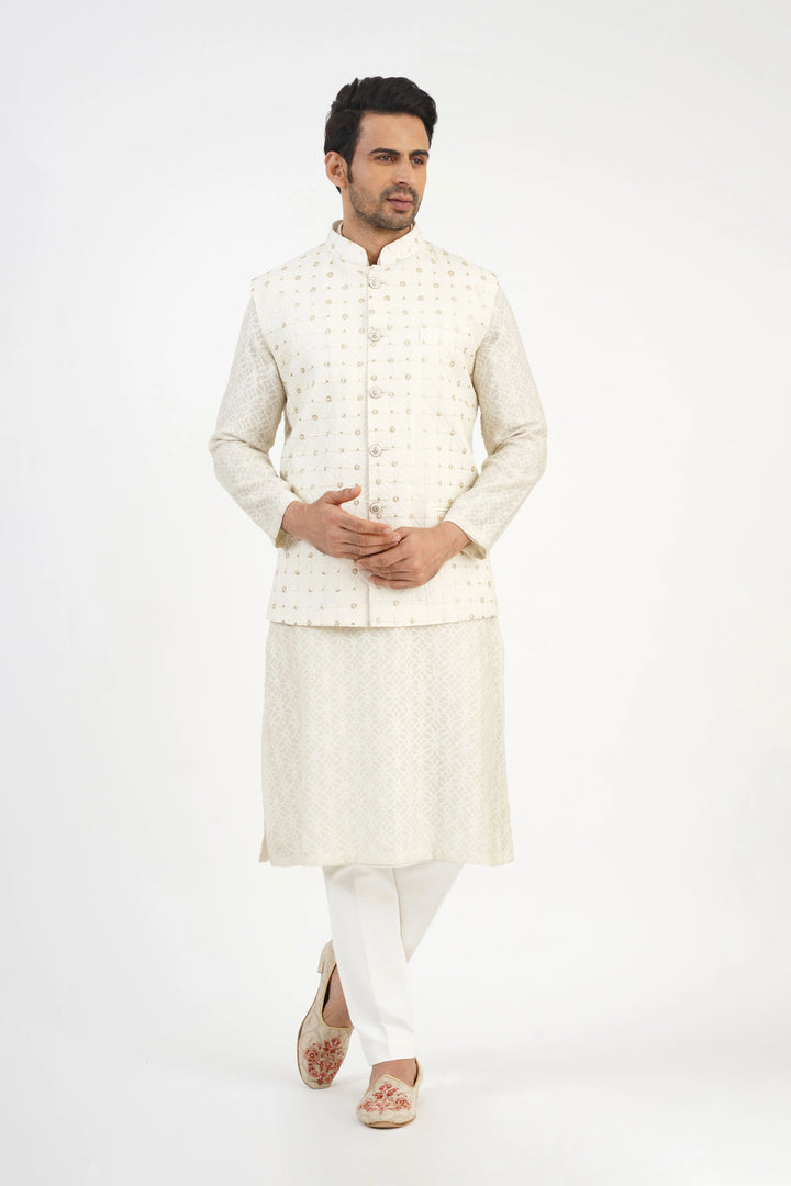 Cream Embroidered Bundi Kurta Set