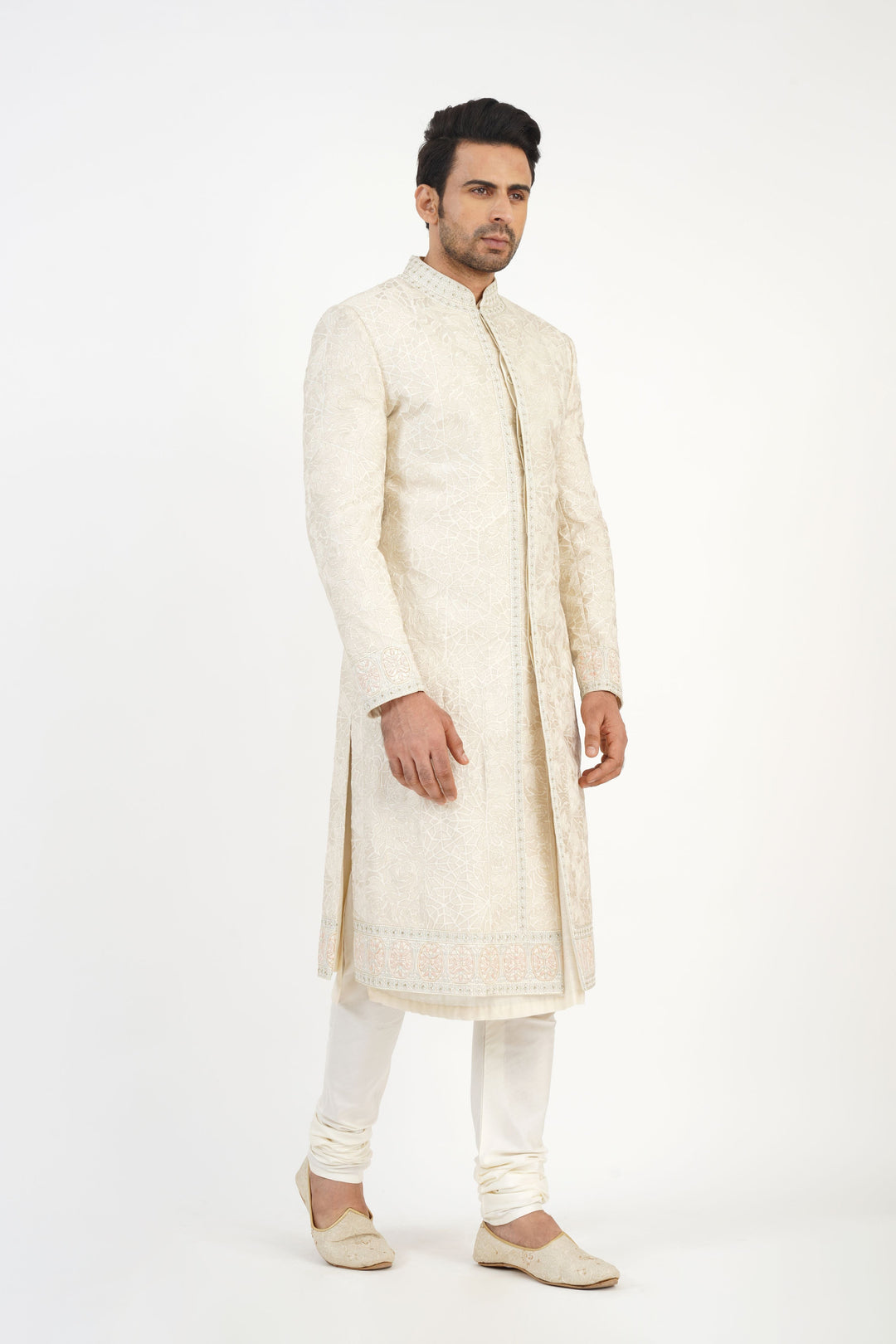 Ivory Heavy Machine Embroidered Sherwani Highlighted with sequince.