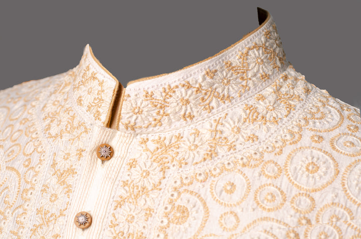 Off-White Chanderi Stripe Kurta Set with Lucknowi Embroidery