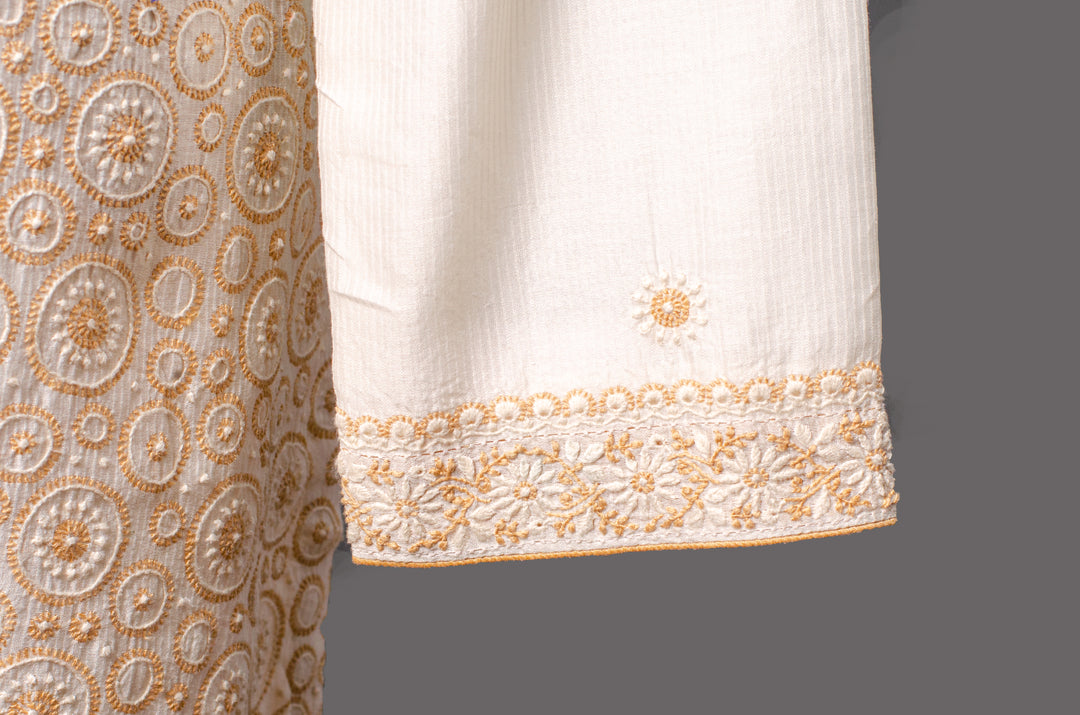 Off-White Chanderi Stripe Kurta Set with Lucknowi Embroidery