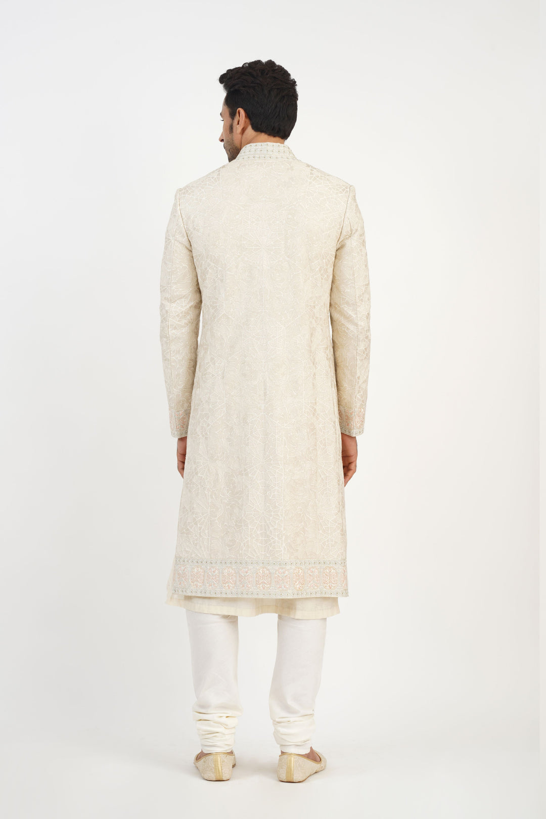 Ivory Heavy Machine Embroidered Sherwani Highlighted with sequince.