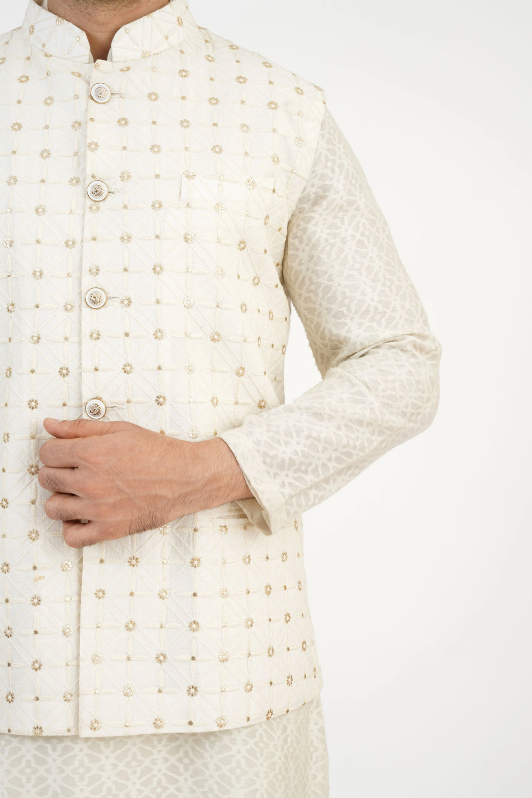 Cream Embroidered Bundi Kurta Set