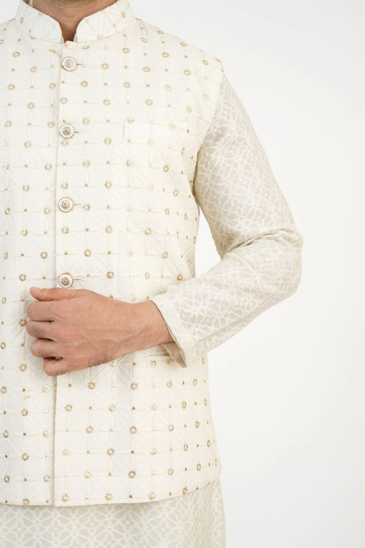 Cream Embroidered Bundi Kurta Set