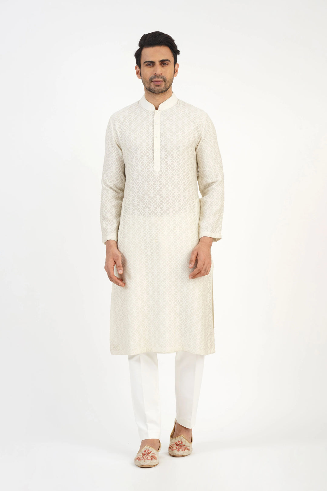 Cream Embroidered Bundi Kurta Set