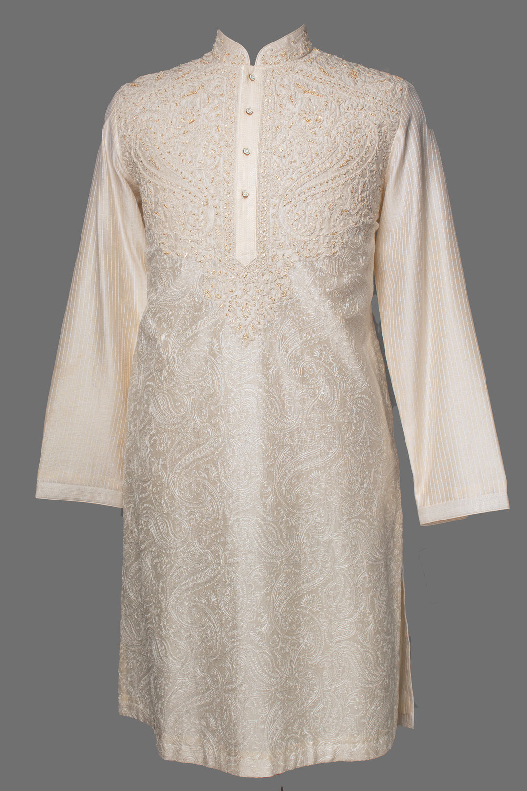 Beige Chanderi Kurta Set with Hand & Machine Embroidery