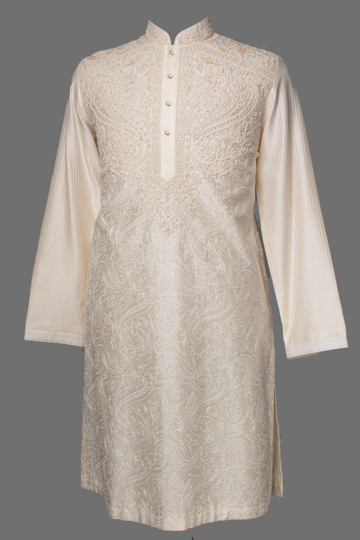 Beige Chanderi Kurta Set with Hand & Machine Embroidery