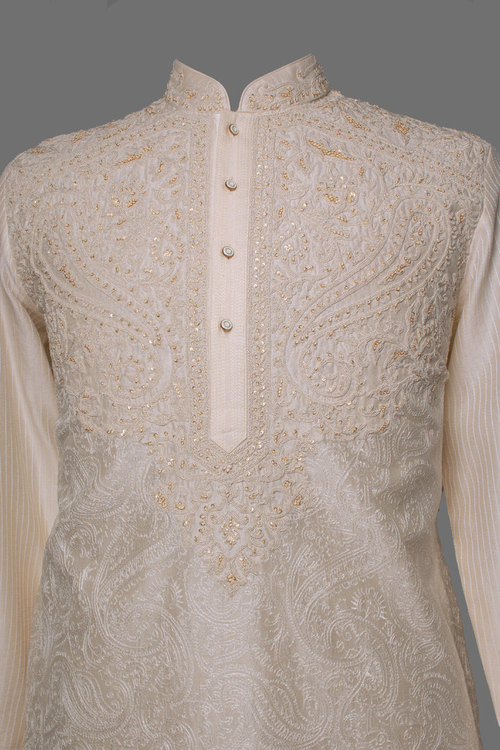 Beige Chanderi Kurta Set with Hand & Machine Embroidery