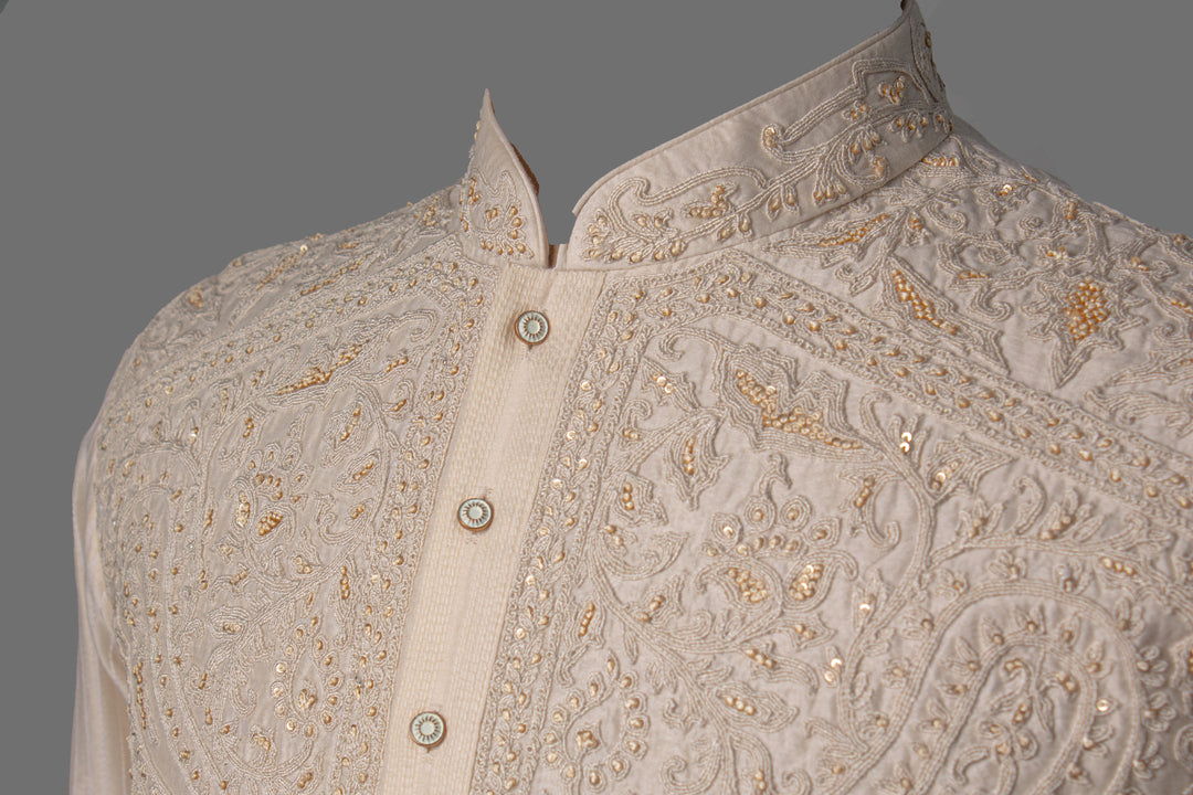 Beige Chanderi Kurta Set with Hand & Machine Embroidery