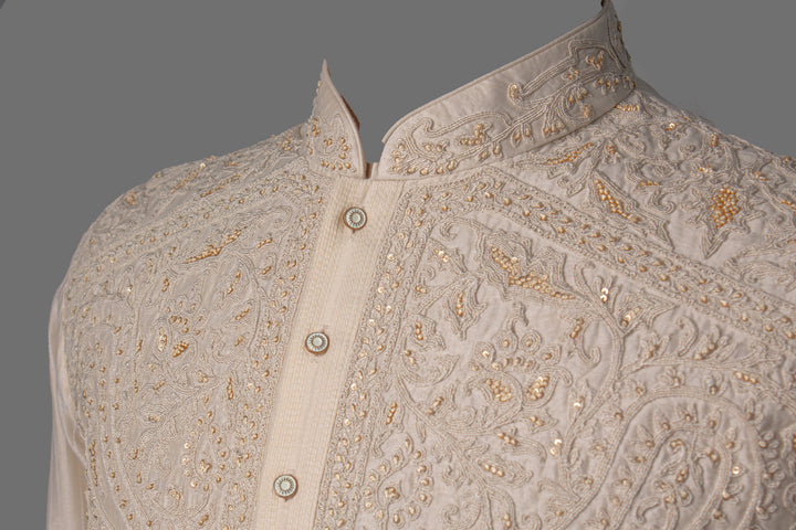 Beige Chanderi Kurta Set with Hand & Machine Embroidery