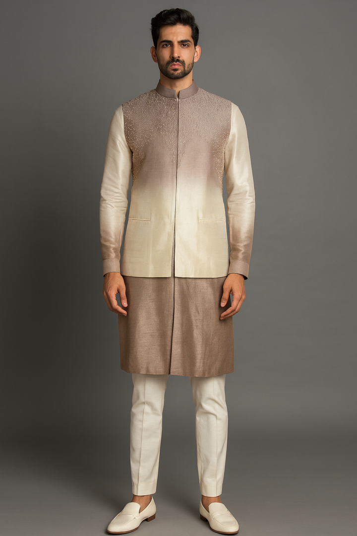 Beige Shaded Kurta and Bundi Set