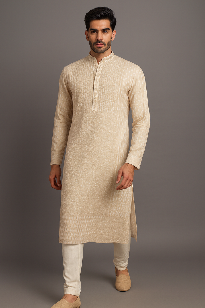 Beige Banarasi Silk Kurta Set