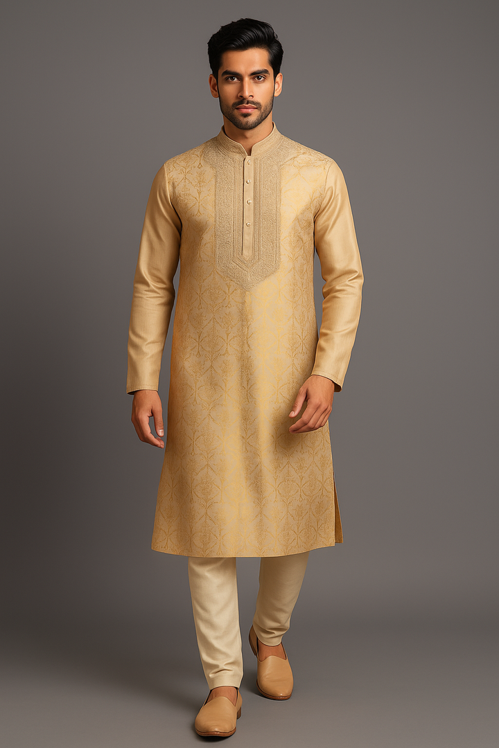 Beige Foil Printed Chanderi Kurta