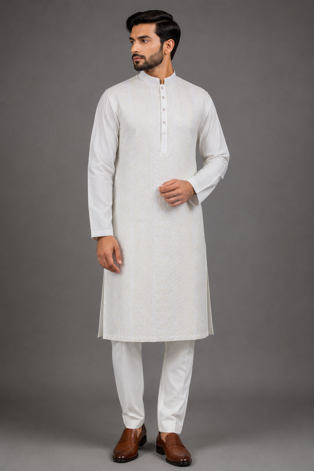 Off-White Cotton Silk Kurta for Men | Pintuck Machine Embroidered Kurta | Premium Wedding & Festive Wear