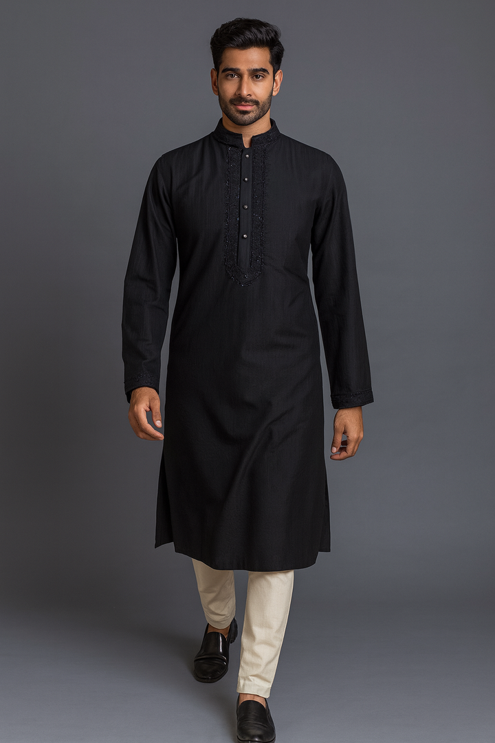 Black Cotton Silk Kurta Set