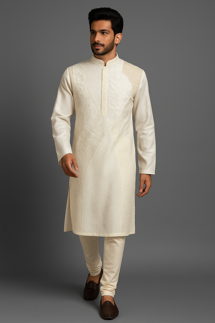 Off-White Chanderi Embroidered Kurta for Men
