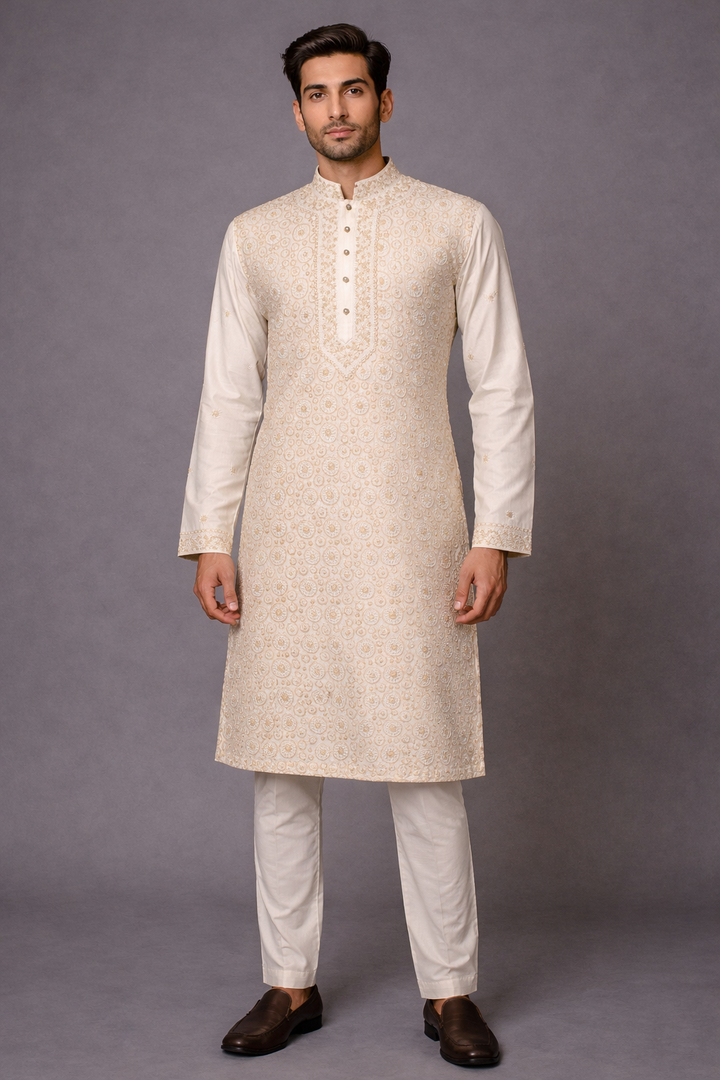 Off-White Chanderi Stripe Kurta Set with Lucknowi Embroidery