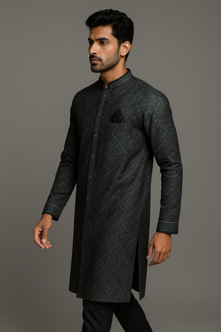 Black Printed Silk Kurta Set