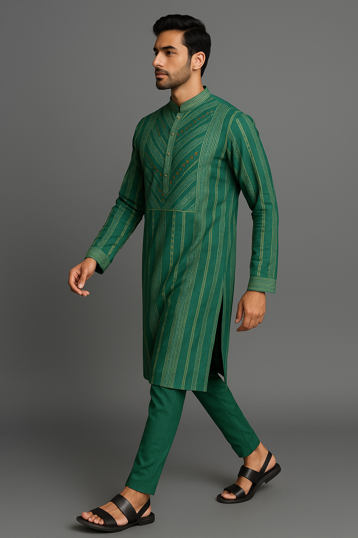 Green Silk Printed Kurta Set