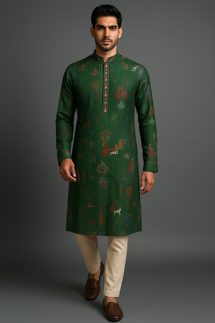 GREEN PRINTED ALL OVER PINTUCKS KURTA SET