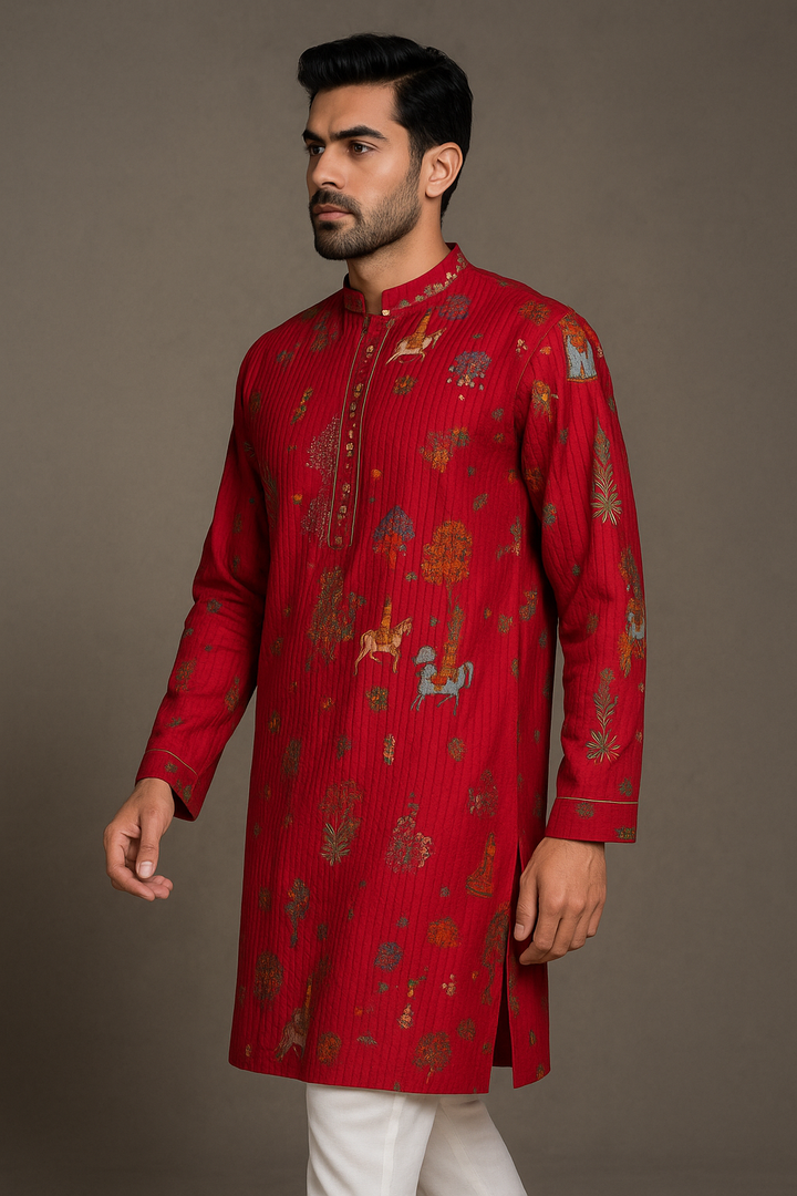 Red Chanderi Printed Kurta Set